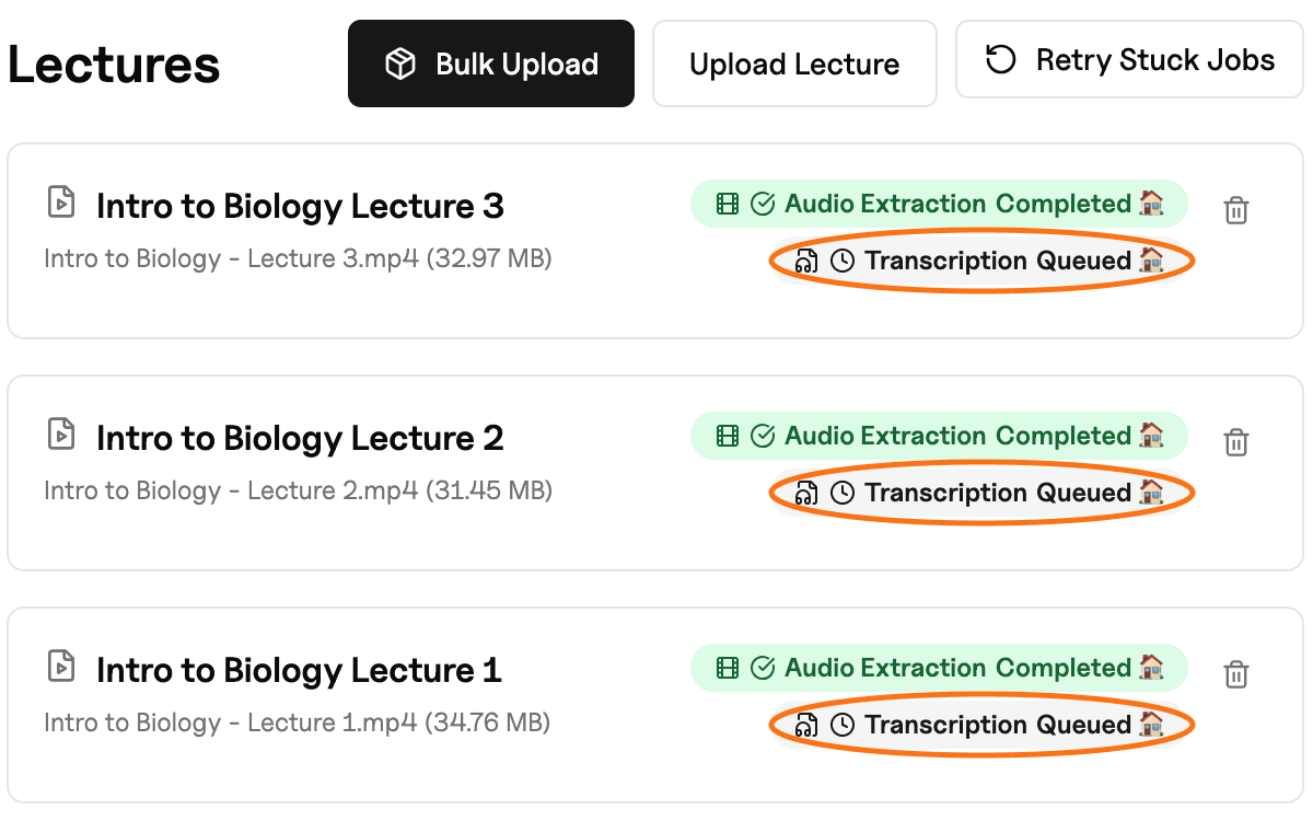 Auto-generated transcript of a college lecture with searchable text